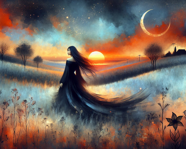 Serene Sunset Landscape with Elegant Figure and Flowers