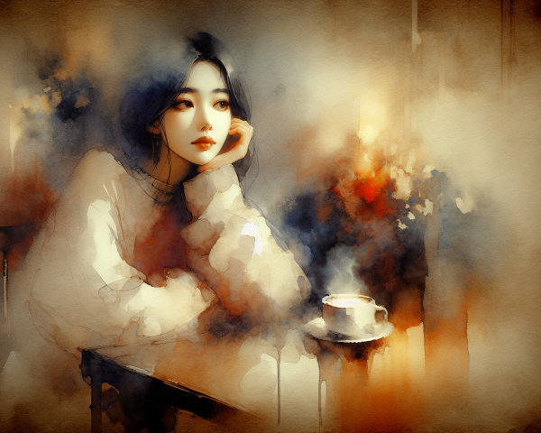 Watercolor painting of a woman with black hair and coffee