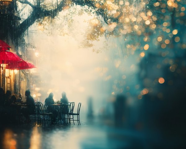 Serene Rainy Day Street Scene with Cozy Cafe Ambiance