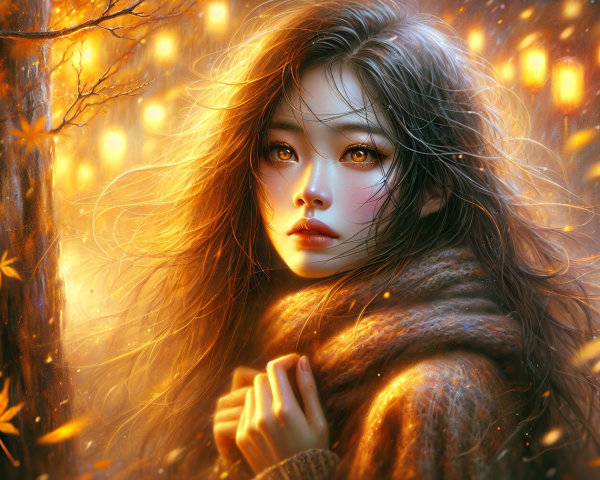 Young Woman in Serene Autumn Landscape with Lanterns