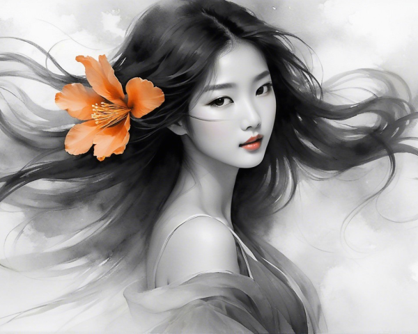 Woman with Dark Hair and Orange Flower in Watercolor