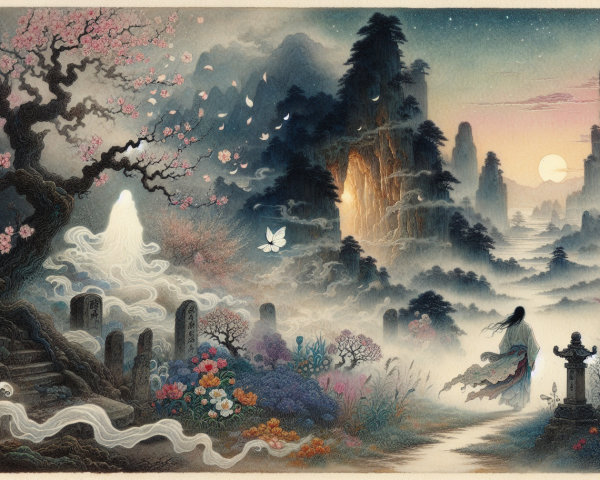 Serene landscape with ethereal figures and misty river