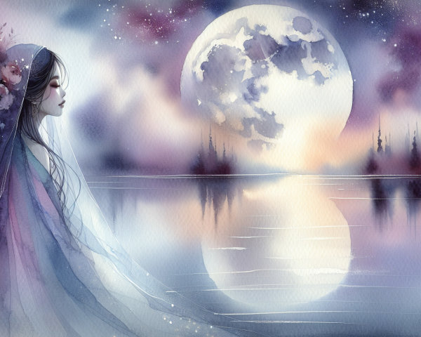 Watercolor Scene of Woman by Tranquil Lake at Night