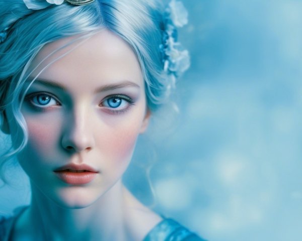 Young woman with blue hair and flower adornments