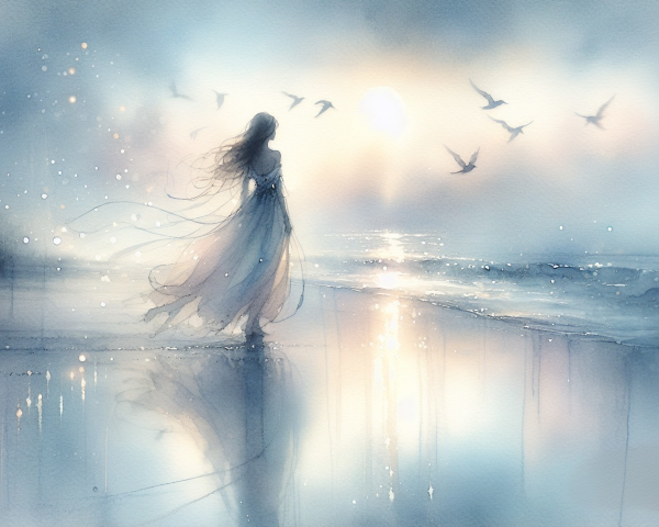 Twilight Watercolor Scene of Woman by the Shore