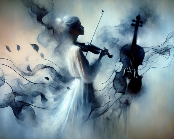 Ethereal Violinist Surrounded by Mist and Leaves