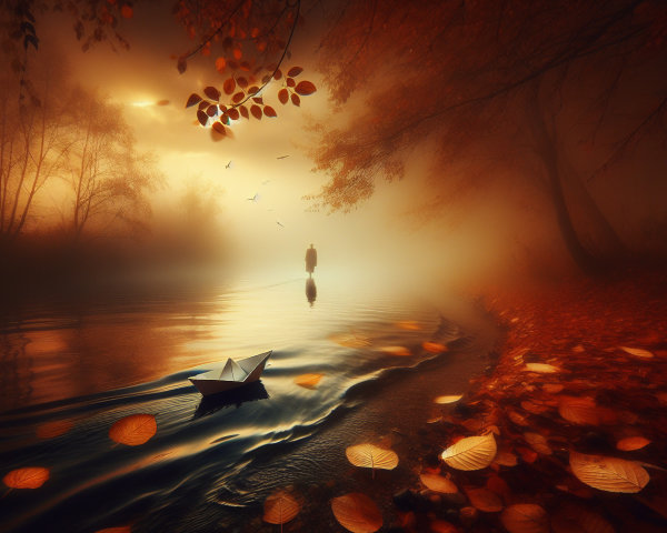 Autumn River Scene with Mist and Colorful Leaves