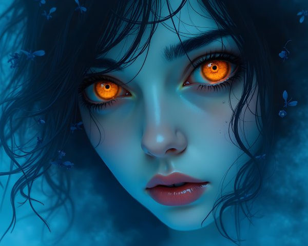 Portrait of a Young Woman with Orange Eyes and Flowers