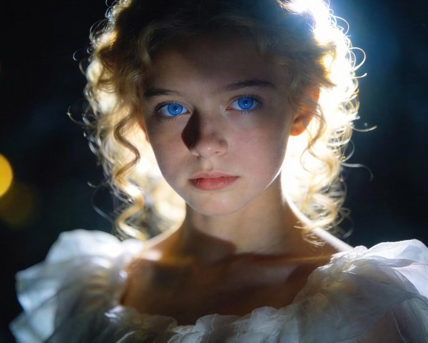 Close-up of a young girl with blonde curls and blue eyes