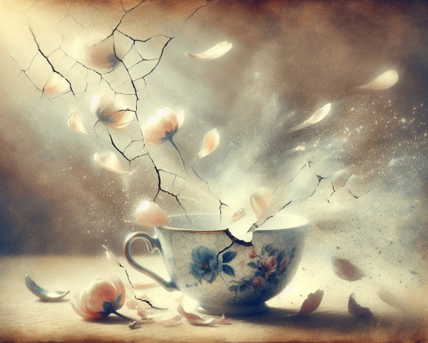 Delicate Floral Porcelain Teacup with Cracks and Petals