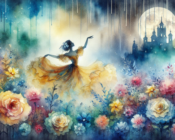 Whimsical Watercolor Dancer Among Flowers and Castle