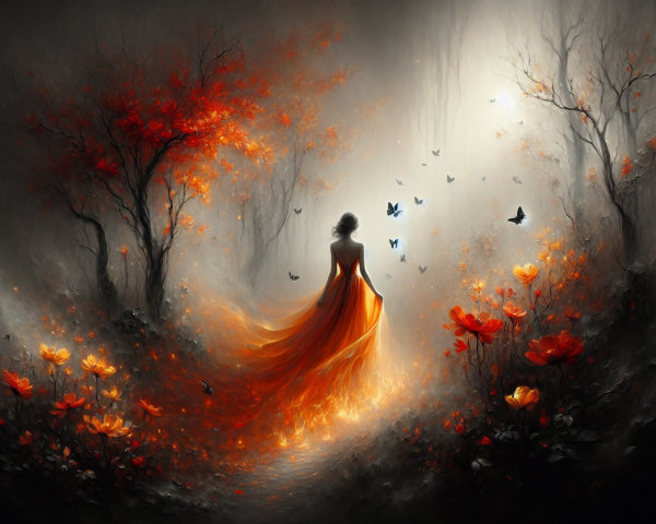 Mysterious Figure in Orange Dress in Dreamlike Landscape