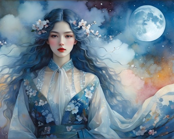 Portrait of a woman with flowers and cherry blossoms