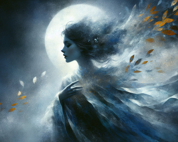 Mystical figure in ethereal fabric by glowing moon