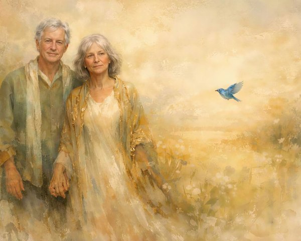 Elderly Couple Holding Hands in Dreamy Oil Painting