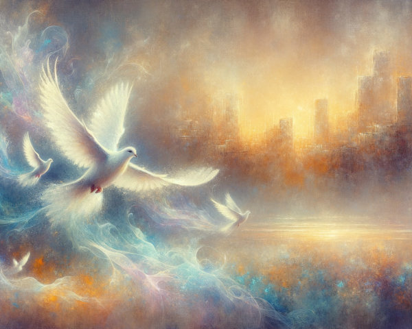 Ethereal Doves in a Dreamlike Colorful Landscape
