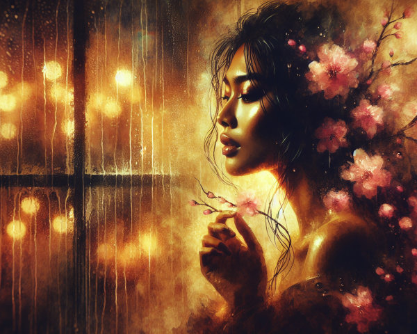 Serene Woman Profile with Blossoms and Soft Light