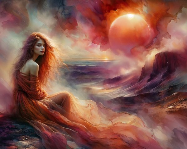 Mystical Scene with Figure in Red Amidst Vibrant Colors