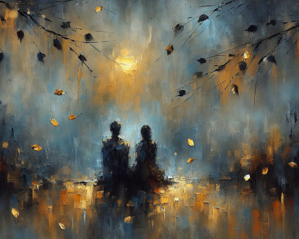 Abstract Painting of Silhouetted Figures Under Moonlight