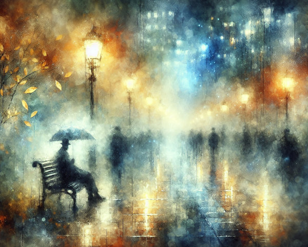 Rainy City Street Scene with Umbrella and Streetlights