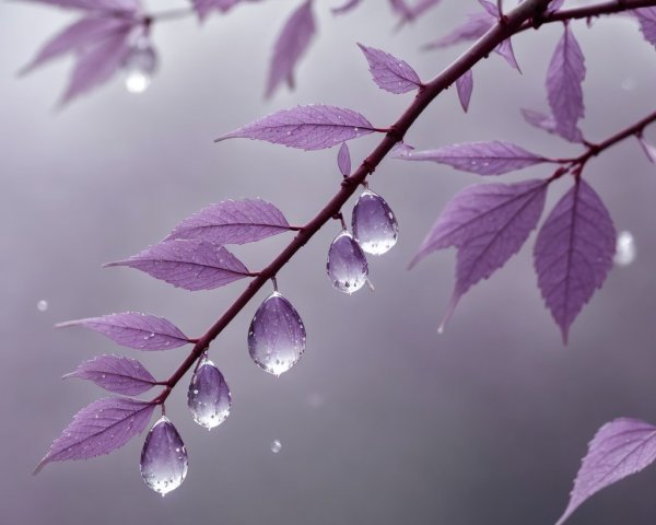 Purple Leaves with Water Droplets in Soft Focus