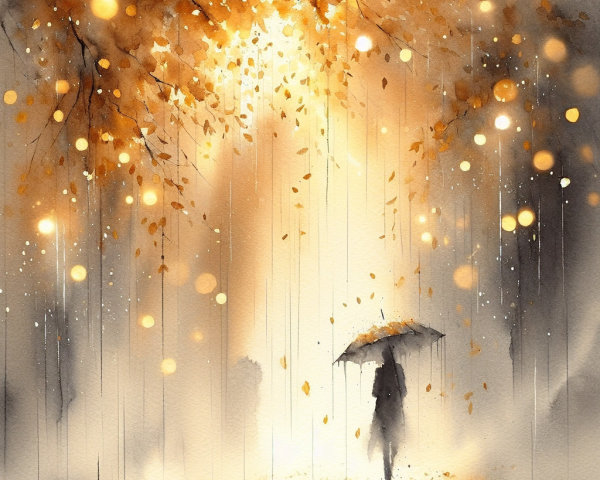 Solitary Figure Under Autumn Leaves with Umbrella
