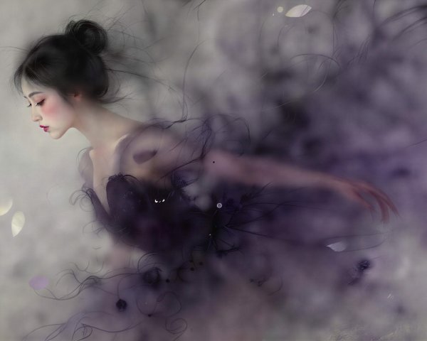 Digital Painting of an Asian Woman in Purple Dress