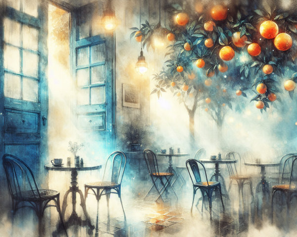Serene café scene with orange trees and soft lighting