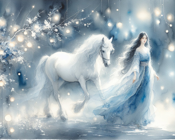 Watercolor Painting of Woman and White Horse Scene