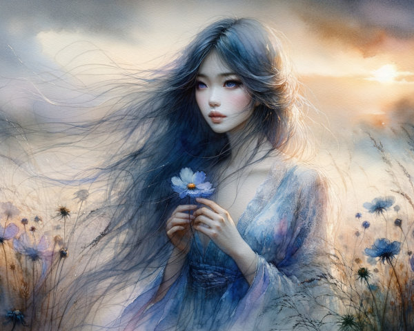 Young Woman in Ethereal Flower Field at Sunset