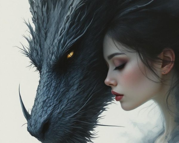 Dragon Creature and Serene Woman in Ethereal Setting