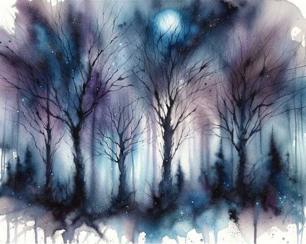 Watercolor Landscape of a Mystical Twilight Forest