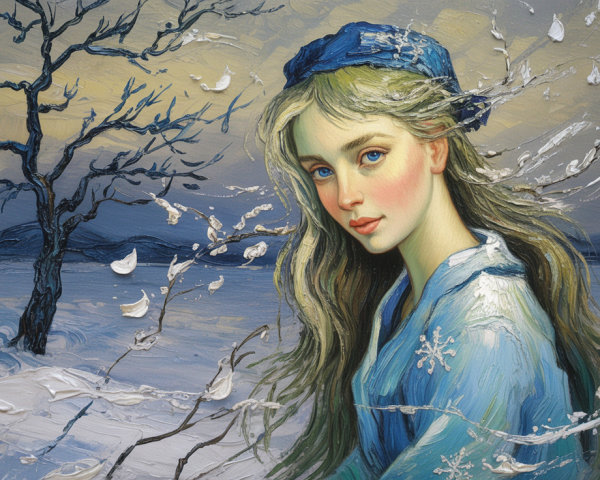 Serene winter landscape with a contemplative woman