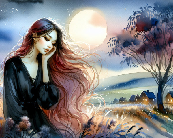 Dreamy Watercolor Scene of a Woman in Nature