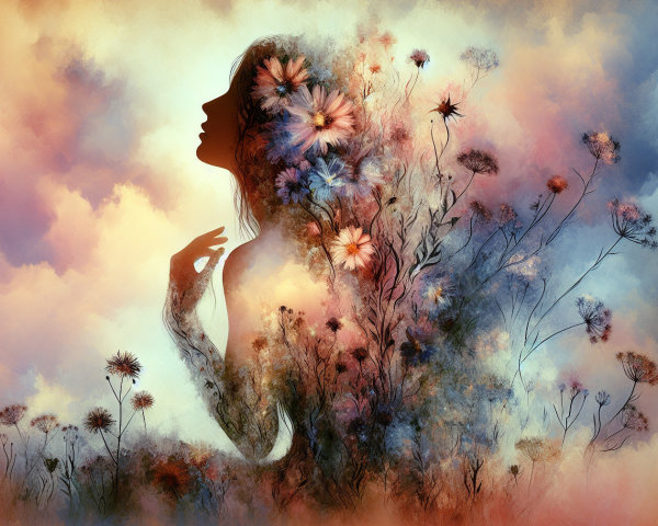 Silhouette of a Woman Amid Colorful Flowers and Clouds