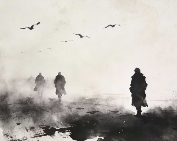 Monochromatic Watercolor of Figures in Foggy Landscape