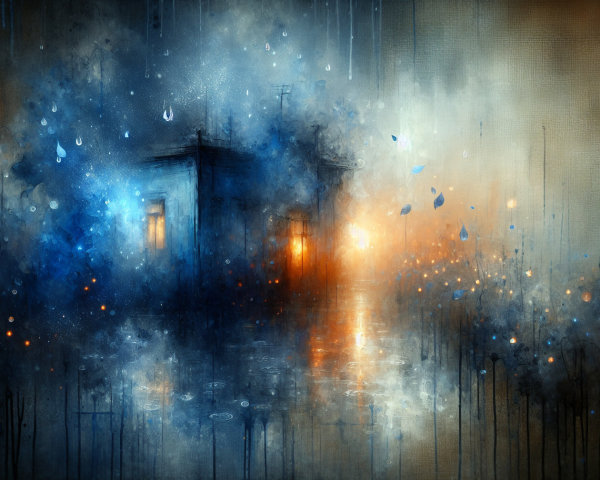 Moody Landscape with Solitary House in Mist and Rain