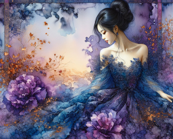 Serene Figure in Deep Blue Gown Surrounded by Flowers
