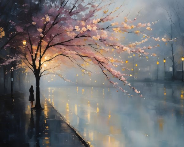 Tranquil street scene with cherry blossoms and mist
