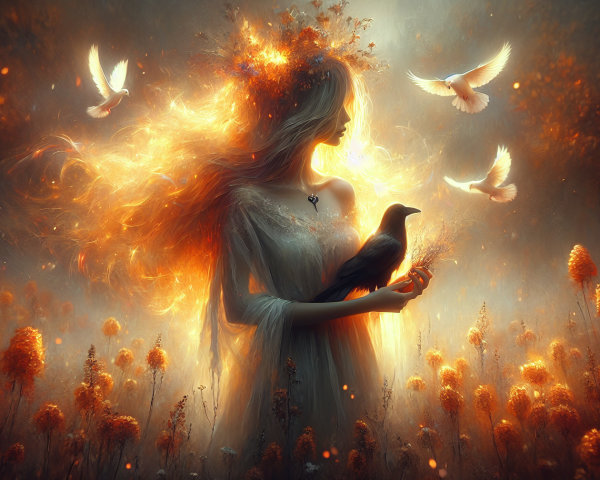 Mystical Figure in a Field of Golden Flowers