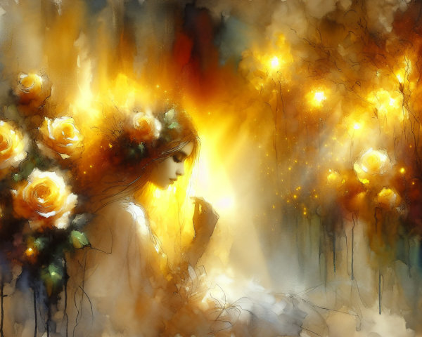 Ethereal Figure in Floral Crown Surrounded by Roses