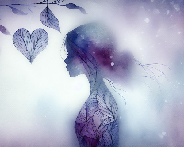 Ethereal Watercolor Painting of Woman with Hearts