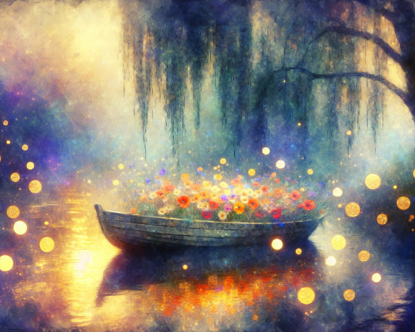 Wooden Boat with Colorful Flowers on Tranquil Waterway