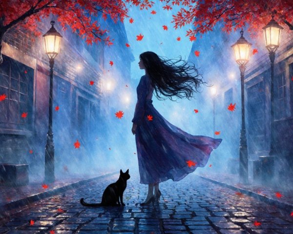 Misty Alleyway with Woman, Cat, and Autumn Leaves