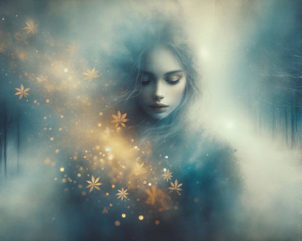 Serene Woman in Ethereal Mist with Glowing Flowers