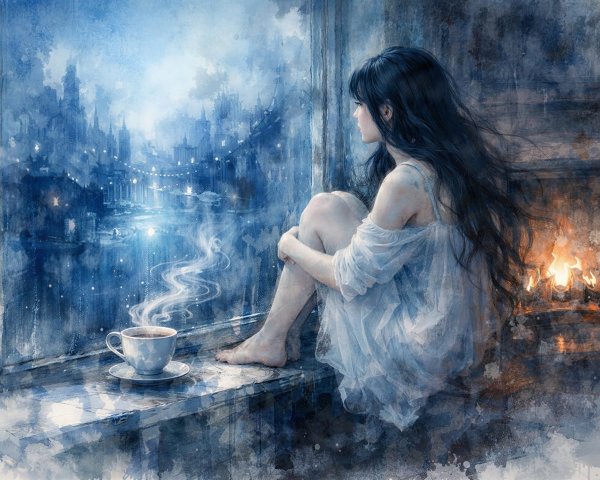 Anime Watercolor Painting of a Lonely Girl by Window