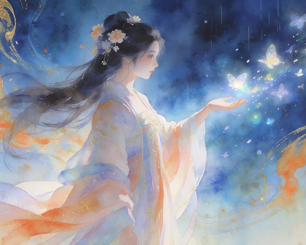 Elegant Chinese Woman in Hanfu with Glowing Butterfly