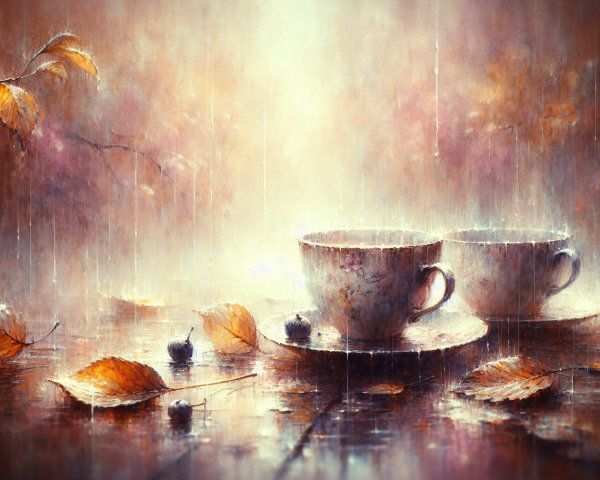 Porcelain Cups on a Rain-Drenched Autumn Table