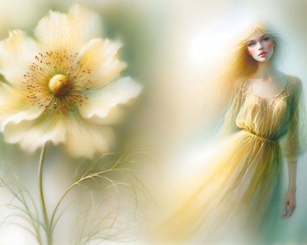 Delicate Scene of Yellow Flower and Serene Woman