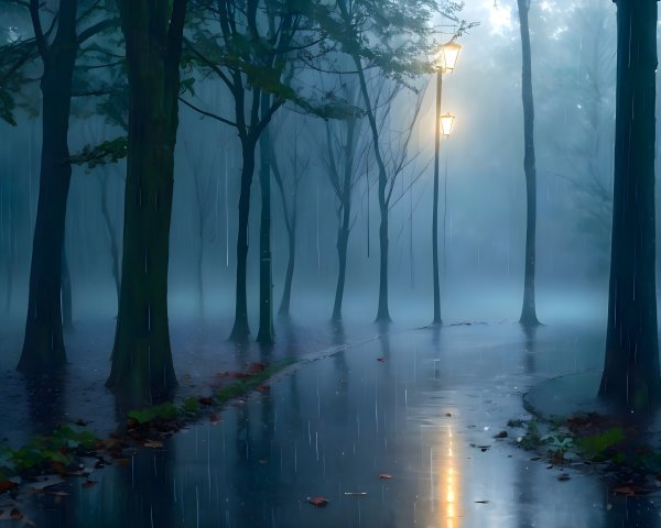 Misty Forest Scene with Vintage Lampposts and Rain